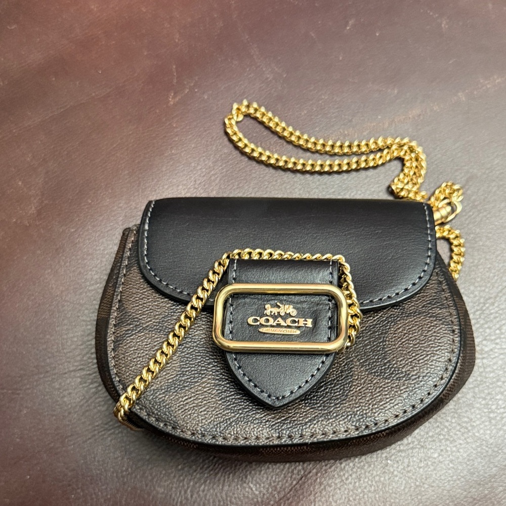 Coach Black and Brown Mini Bag with Gold Chain